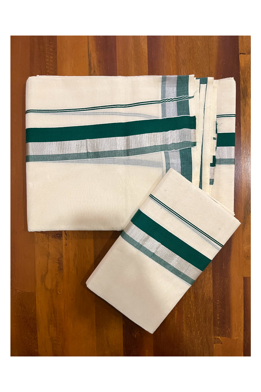 Pure Cotton Mundum Neriyathum Double (Set Mundu) with Green and Silver Kasavu Border 2.80 Mtrs