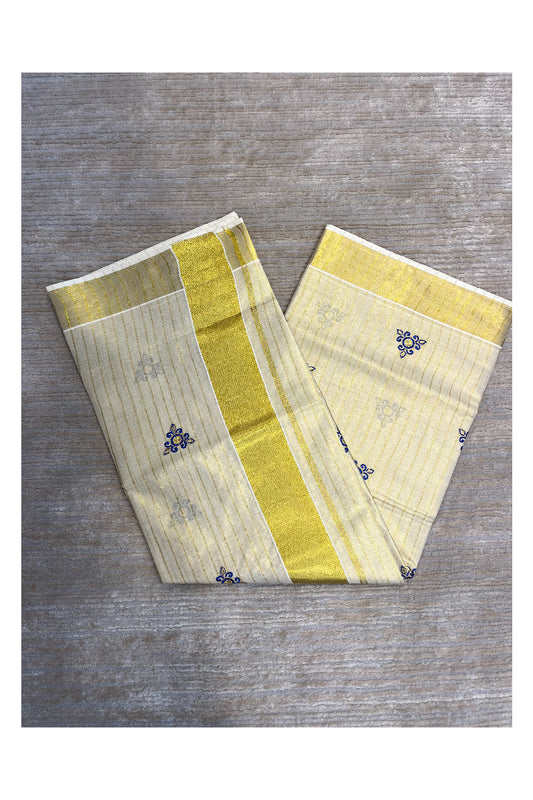 Southloom Kerala Tissue Kasavu Lines Saree with Blue Embroidery Works