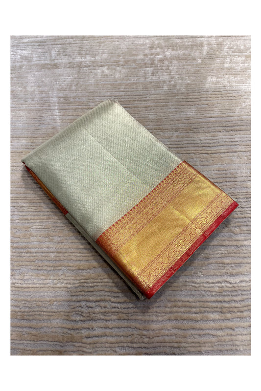 Southloom Tissue Silk Saree with Woven Work on Body and Borders (Silver & Red)
