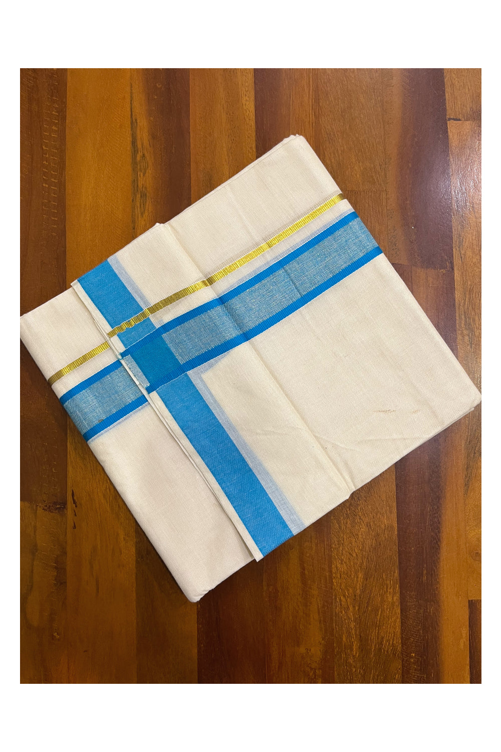 Kerala Pure Cotton Double Mundu with Blue and Kasavu Border (South Indian Kerala Dhoti)