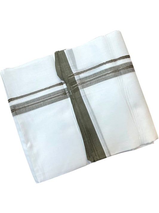 Southloom Pure White Cotton Mundu with Dark Olive Green & Silver Line Border (South Indian Kerala Dhoti)