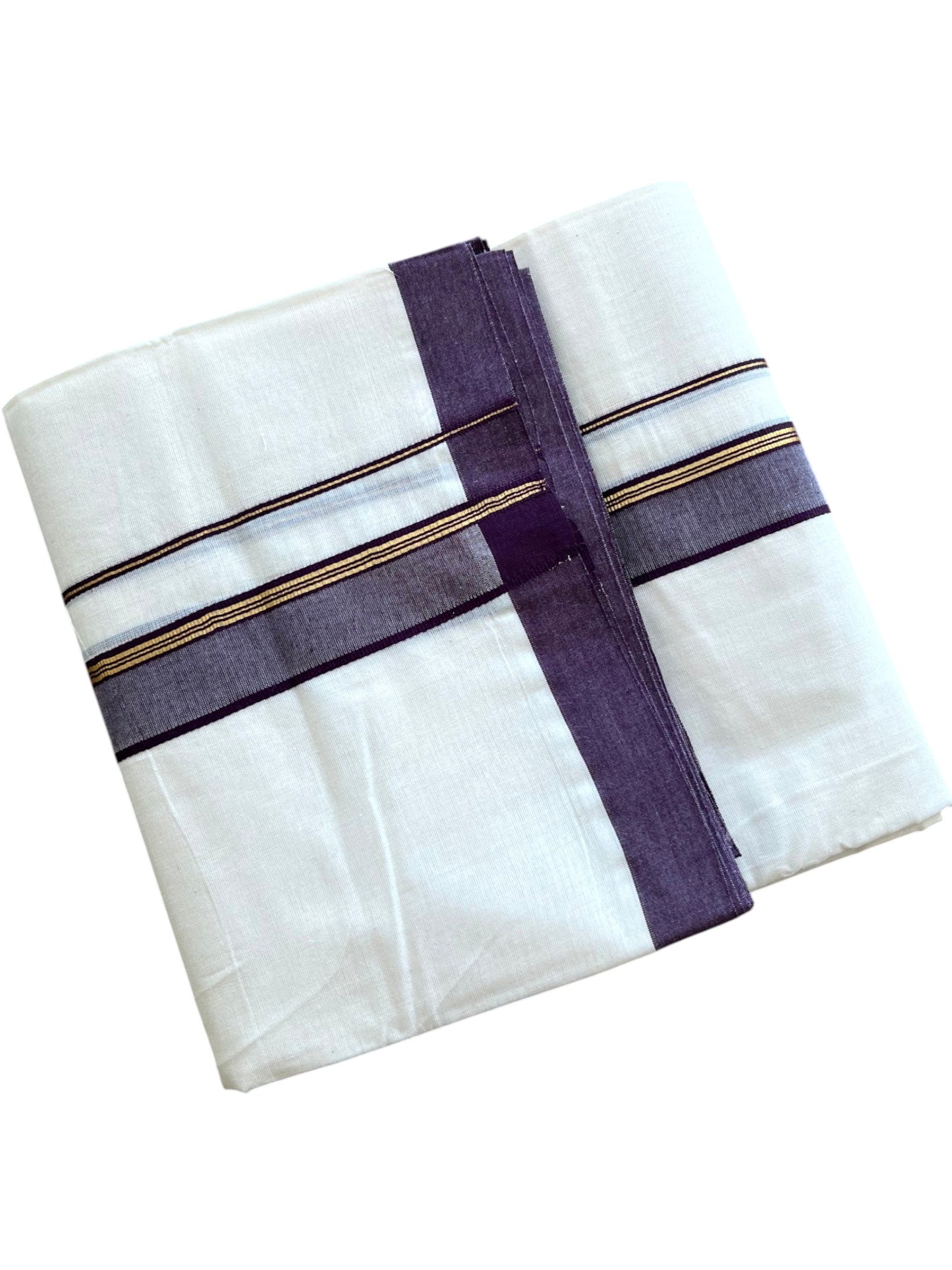 Southloom Pure Cotton Mundu with Golden Lines and Purple Border (South Indian Kerala Dhoti)
