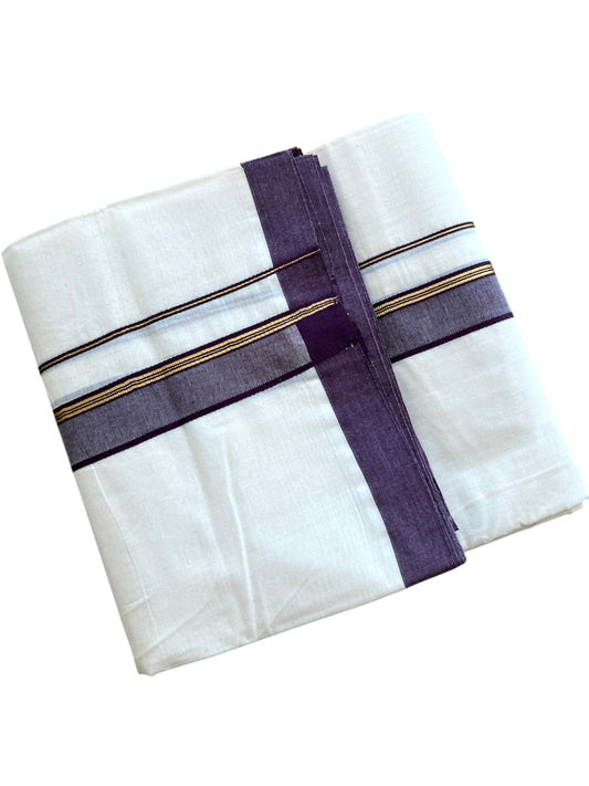 Southloom Pure Cotton Mundu with Golden Lines and Purple Border (South Indian Kerala Dhoti)
