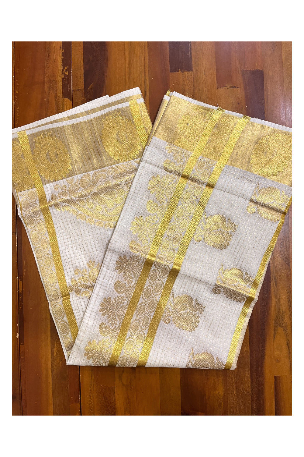 Pure Cotton Kerala Kasavu Micro Check Heavy Woven Design Saree (Vishu 2024 Collection)