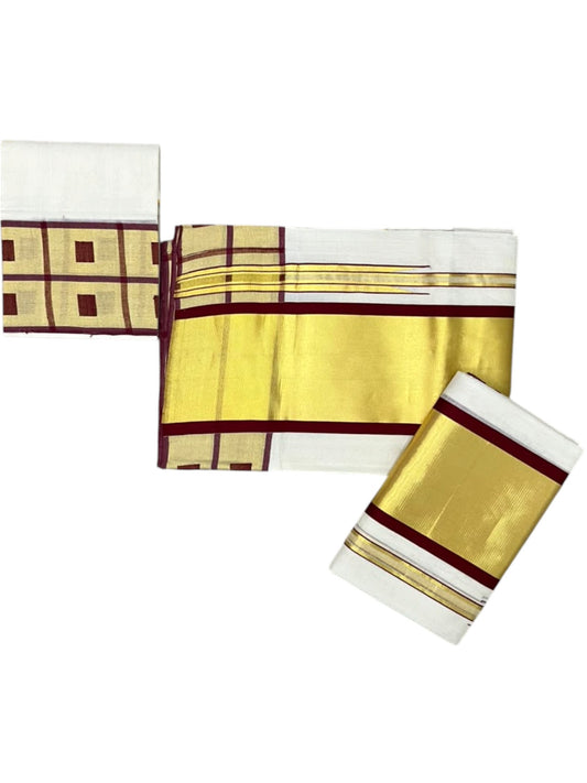 Southloom Premium Cotton Handloom Set Mundu with Kasavu With Maroon and Golden Border (2.80 Mtr) SL617