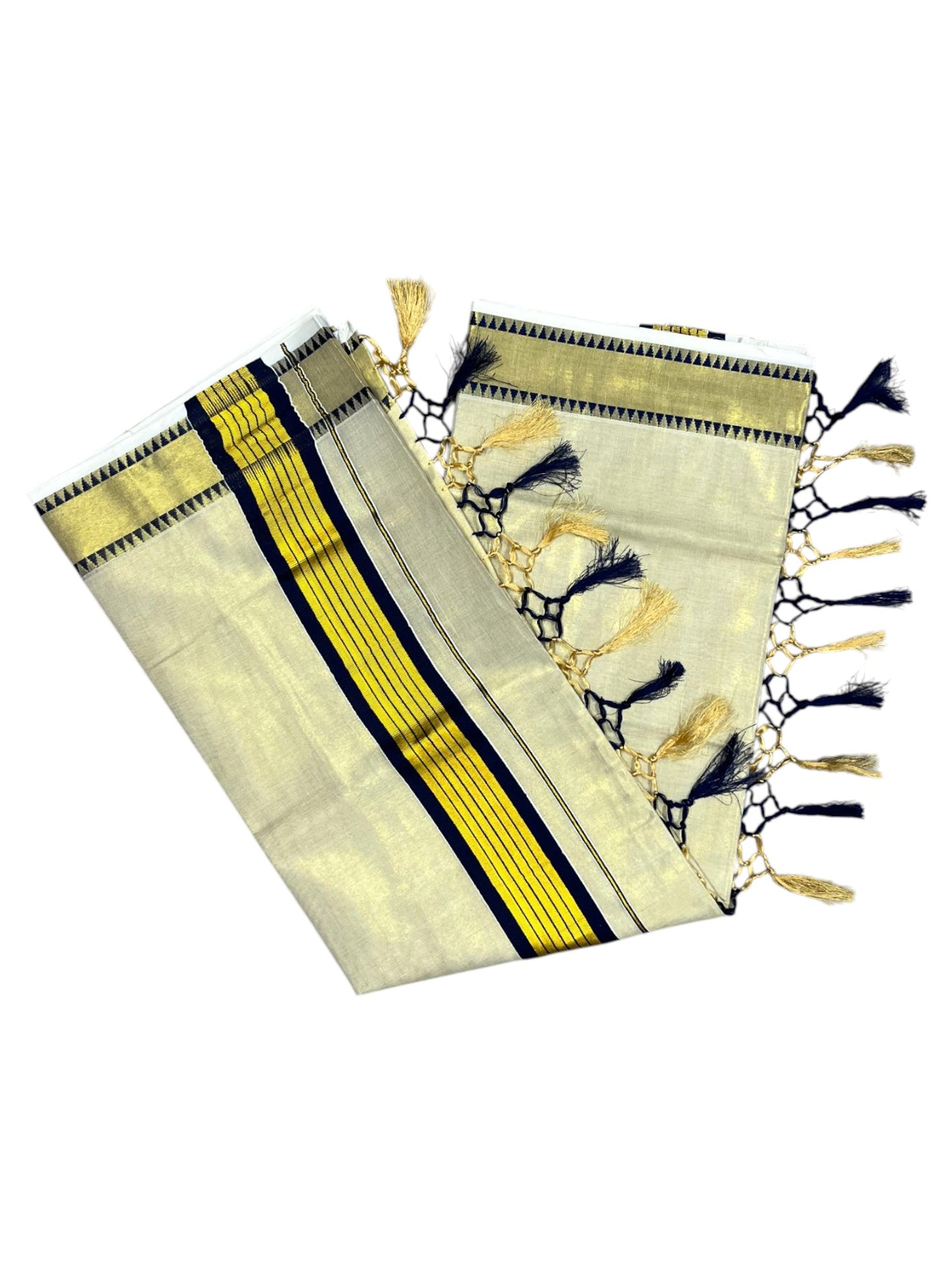 Southloom Kerala Tissue Kasavu Saree With Blue Temple Woven Works on Border SL365