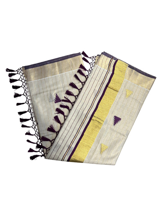 Southloom Kerala Tissue Kasavu Line Saree with Purple Temple Embroidery Works