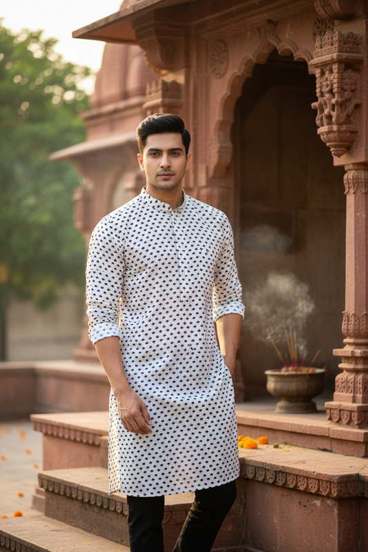 Southloom Semi Silk Short Kurta for Men in White Colour