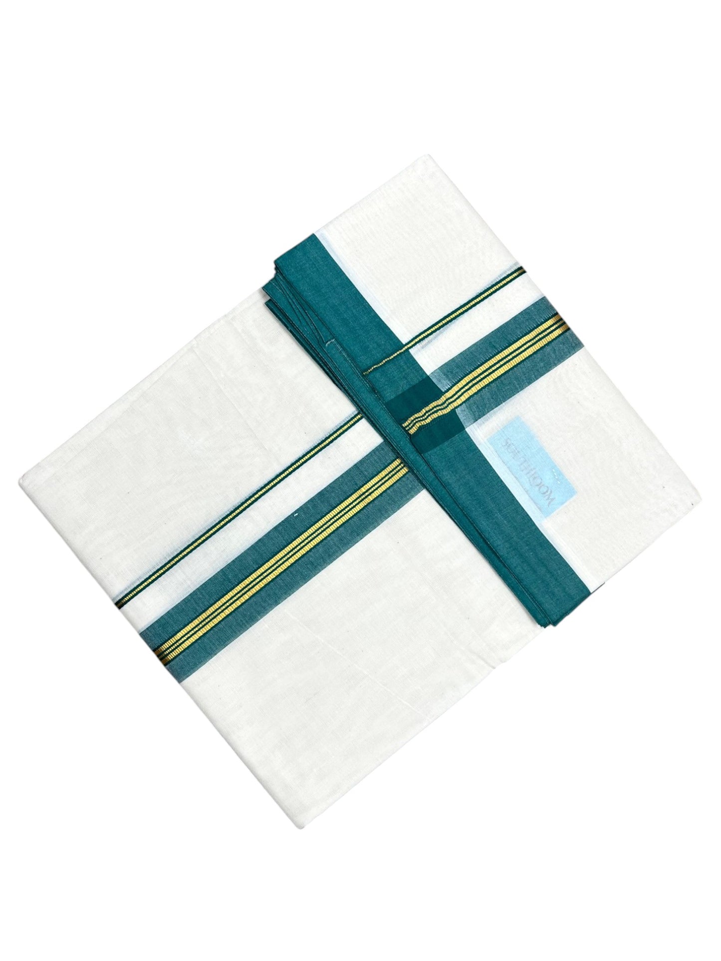 Southloom Pure Cotton Mundu with Gold Lines and Green Border (South Indian Kerala Dhoti)