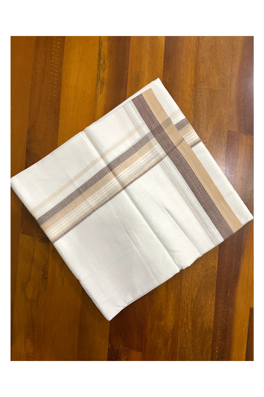 Pure White Cotton Kerala Double Mundu with Beige Brown Border (South Indian Kerala Dhoti)