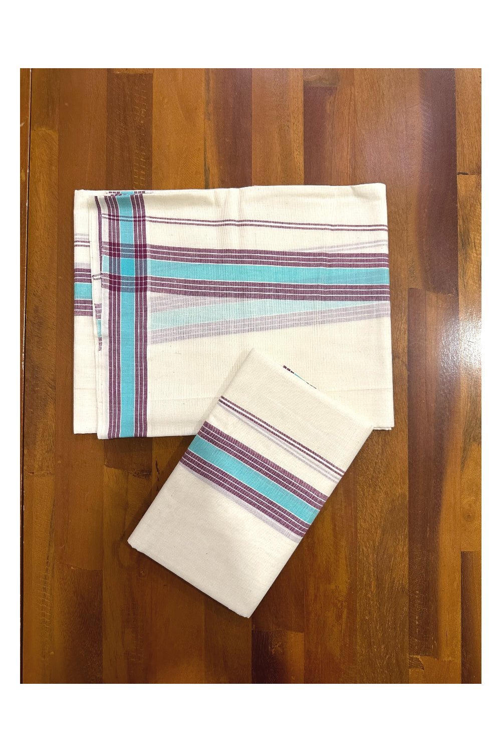 Kerala Mulloth Soft Cotton Mundum Neriyathum Single with Brown and Turquoise Border (Onam Set Mundu 2023)