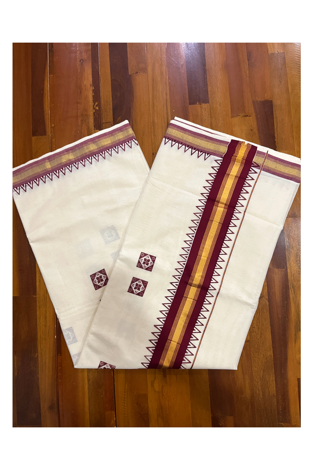 Pure Cotton Kerala Kasavu Saree with Maroon Temple Border and Block Prints on Body