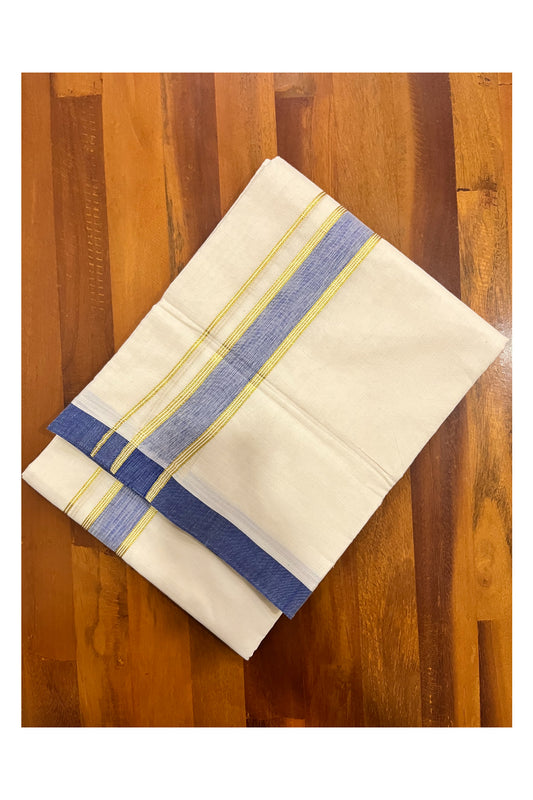 Cotton Double Mundu with Blue and Kasavu Kara (South Indian Kerala Dhoti)