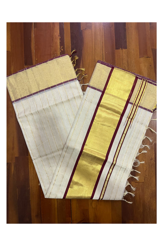 Southloom Premium Handloom Tissue Kasavu Lines Design Saree with Maroon Border