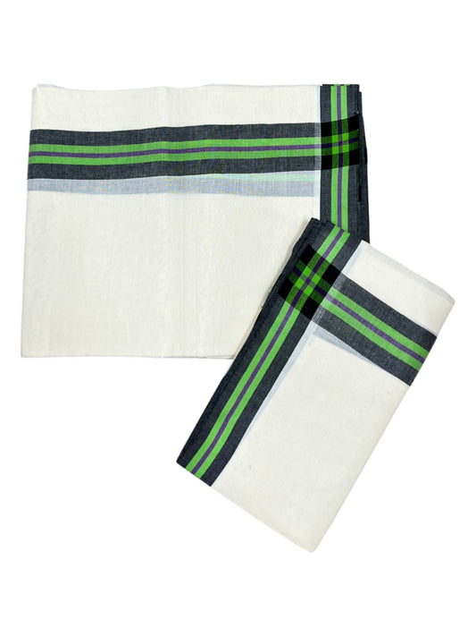 Southloom Pure Cotton Kerala Single Mulloth Set Mundu (Mundum Neriyathum) Green Border in 2.50 mtrs SL243