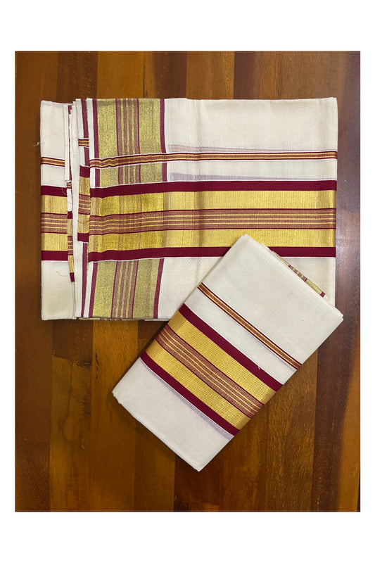 Kerala Cotton Set Mundu (Mundum Neriyathum) with Maroon and Kasavu Border 2.80 Mtrs