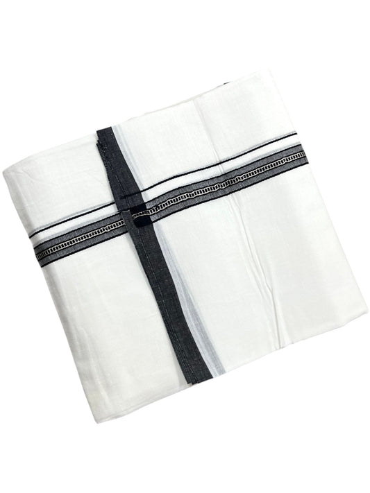 Southloom Pure White Cotton Mundu with Black & Silver Line Border (South Indian Kerala Dhoti)