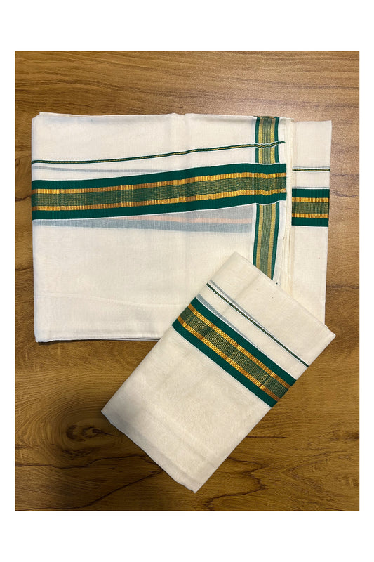 Kerala Cotton Set Mundu (Mundum Neriyathum) with Kasavu and Green Border