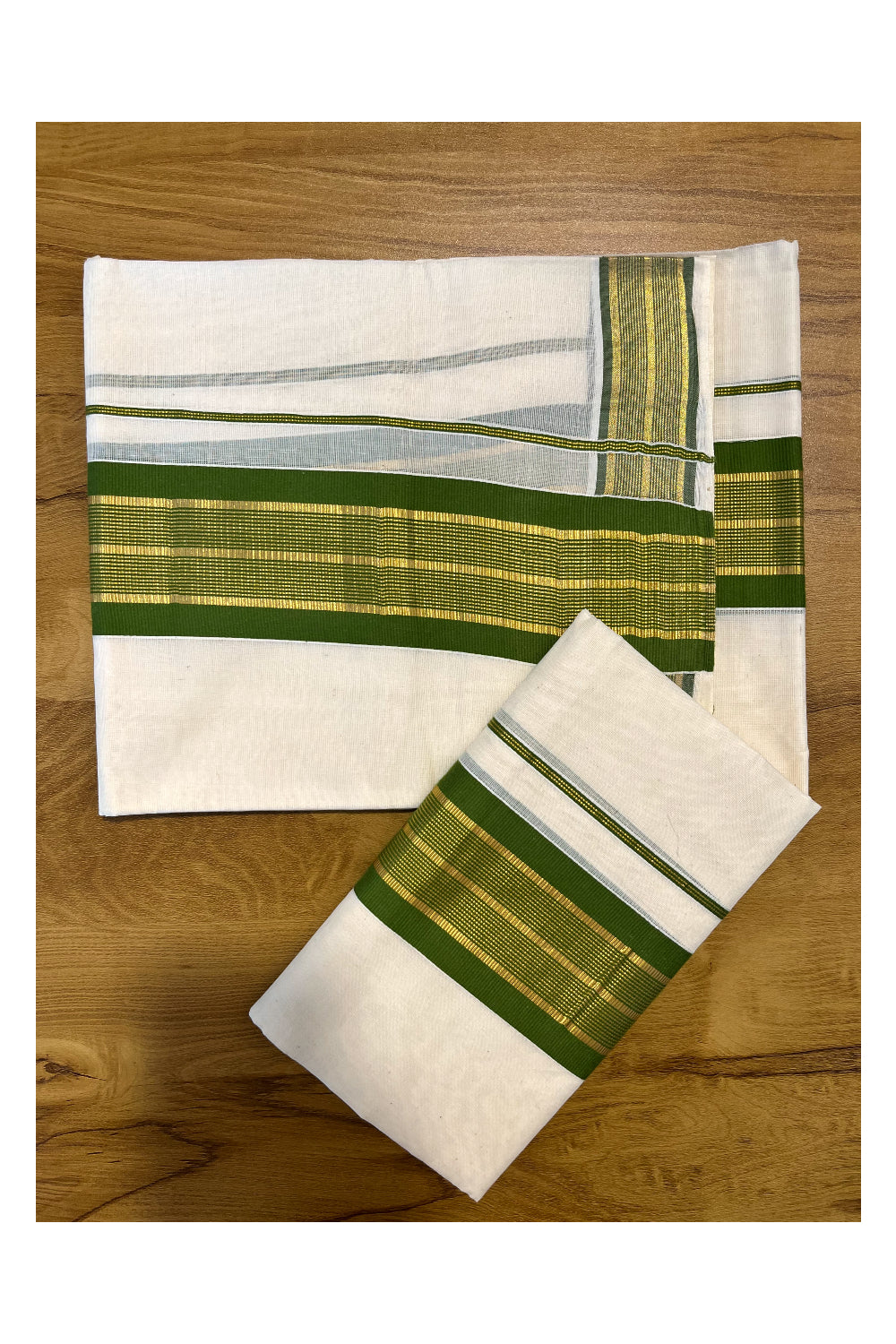 Kerala Cotton Set Mundu (Mundum Neriyathum) with Kasavu and Olive Green Border 2.80 Mtrs