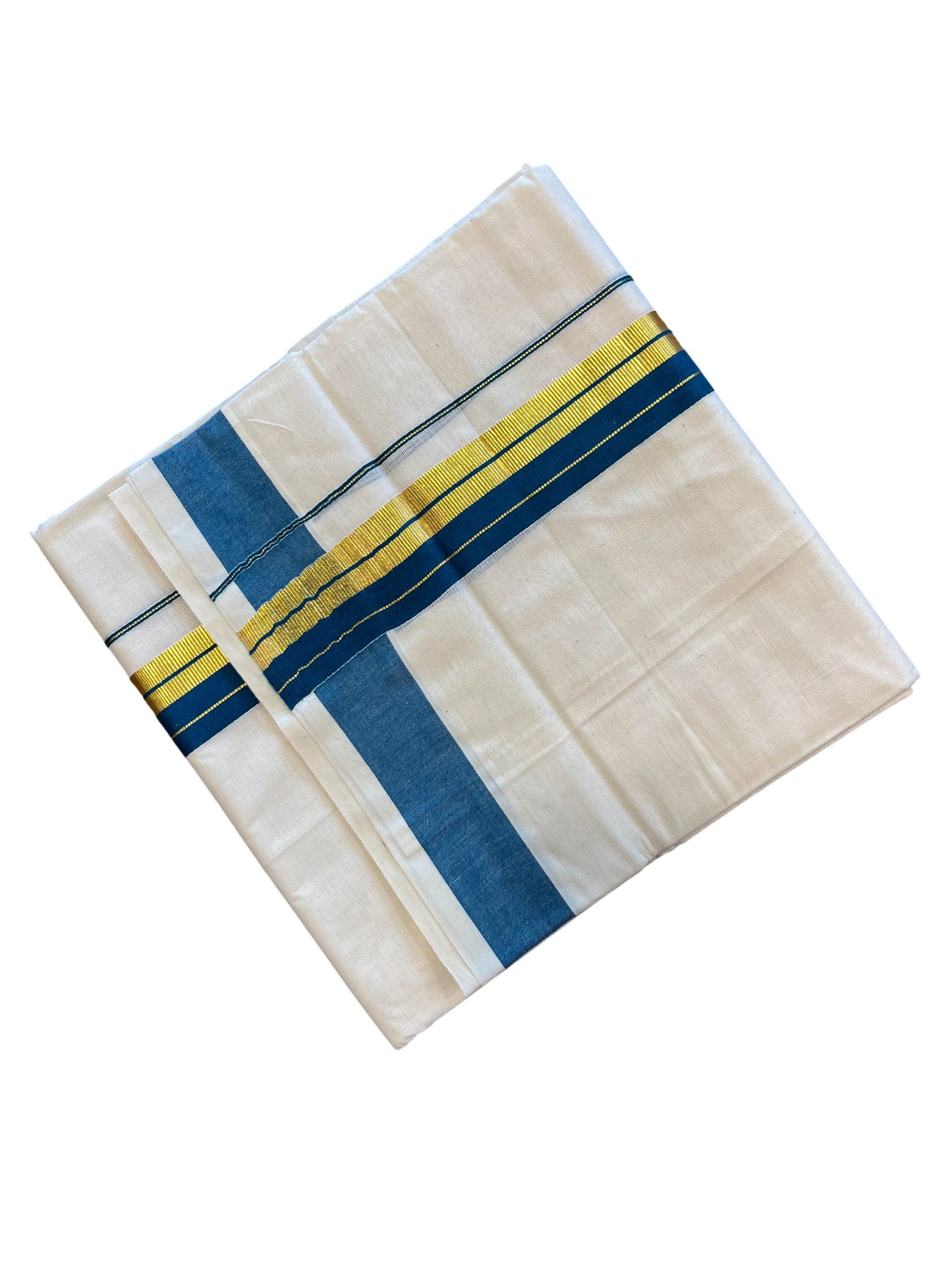 Southloom Kerala Pure Cotton Double Mundu with Gold Lines & Blue Border (South Indian Dhoti)