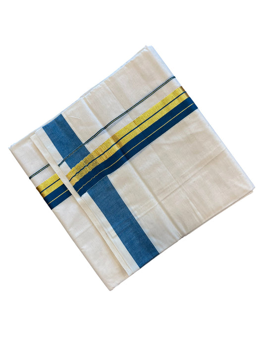 Southloom Kerala Pure Cotton Double Mundu with Gold Lines & Blue Border (South Indian Dhoti)