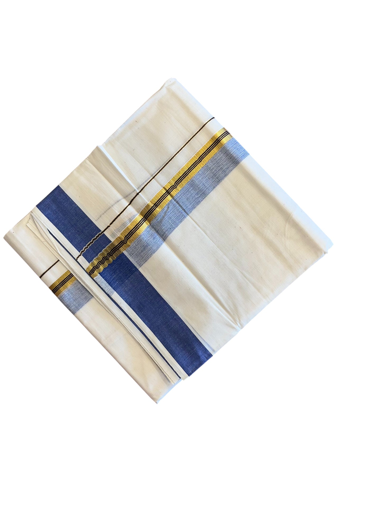 Southloom Pure Cotton Mundu with Blue Lines and Blue Border (South Indian Kerala Dhoti)