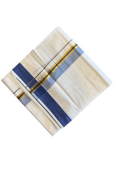 Southloom Pure Cotton Mundu with Blue Lines and Blue Border (South Indian Kerala Dhoti)
