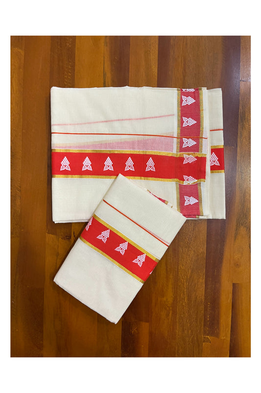 Kerala Cotton Single Set Mundu (Mundum Neriyathum) with Block Prints on Red and Kasavu Border - 2.60Mtrs