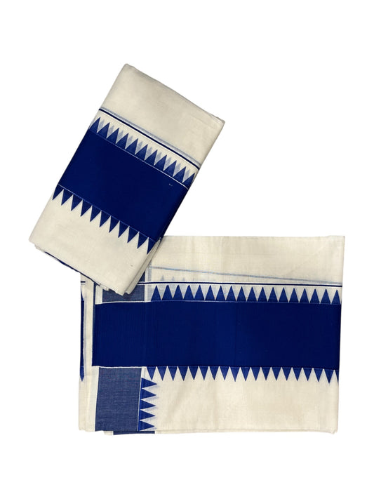 Kerala Pure Cotton Set Mundu Single (Mundum Neriyathum) with Blue Temple Border 2.80 Mtrs