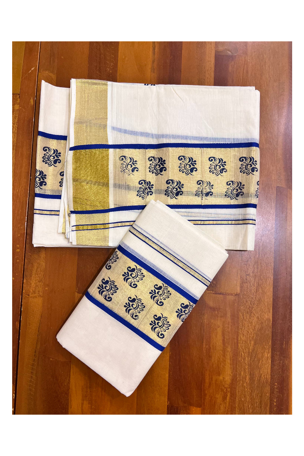 Kerala Pure Cotton Set Mundu Single (Mundum Neriyathum) with Block Prints on Blue and Kasavu Border-2.80Mtrs