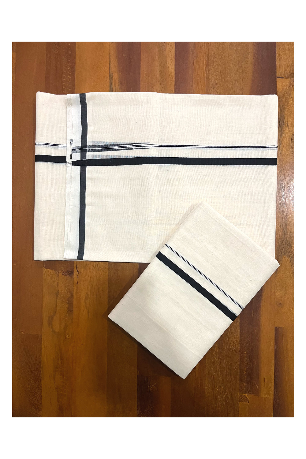 Southloom Premium Handloom Double Set Mundu (Mundum Neriyathum) with Black Puliyilakkara Chutti Border