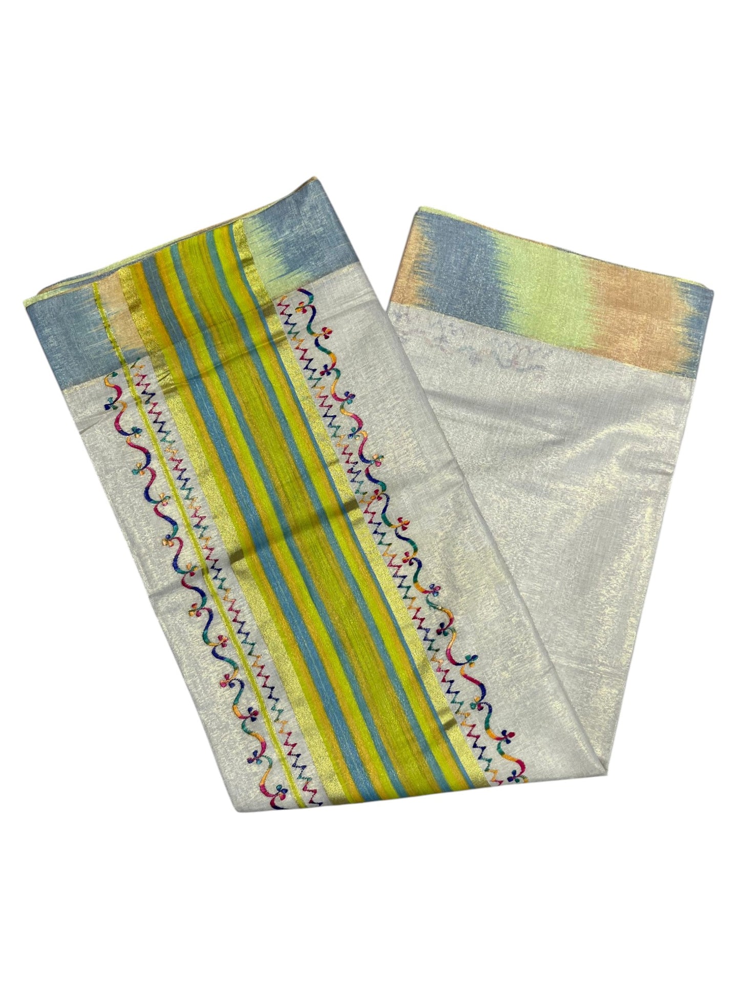 Southloom Kerala Tissue Kasavu Saree with Multi Colour Pochampally Design on Borders and Kara