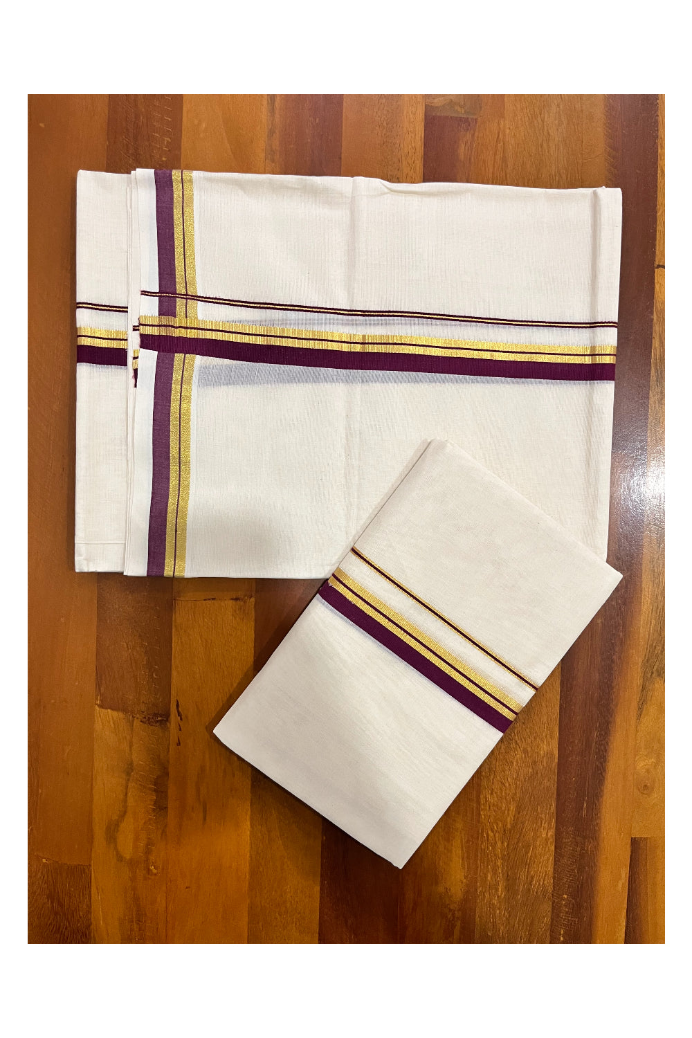 Kerala Pure Cotton Set Mundu Single (Mundum Neriyathum) with Maroon and Kasavu Border