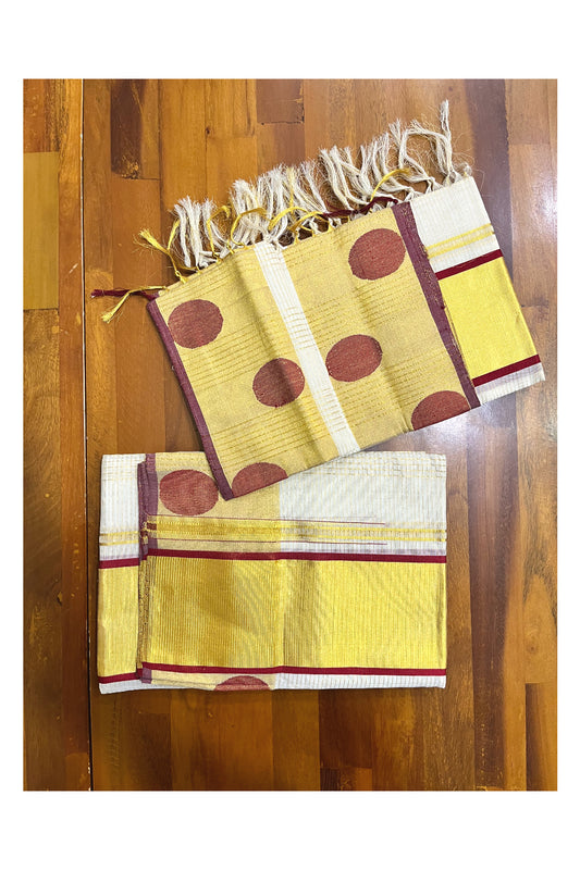 Southloom Handloom Premium Cotton Kasavu Striped Set Mundu With Red Polka Woven Patterns (Mundum Neriyathum) 2.70 Mtrs