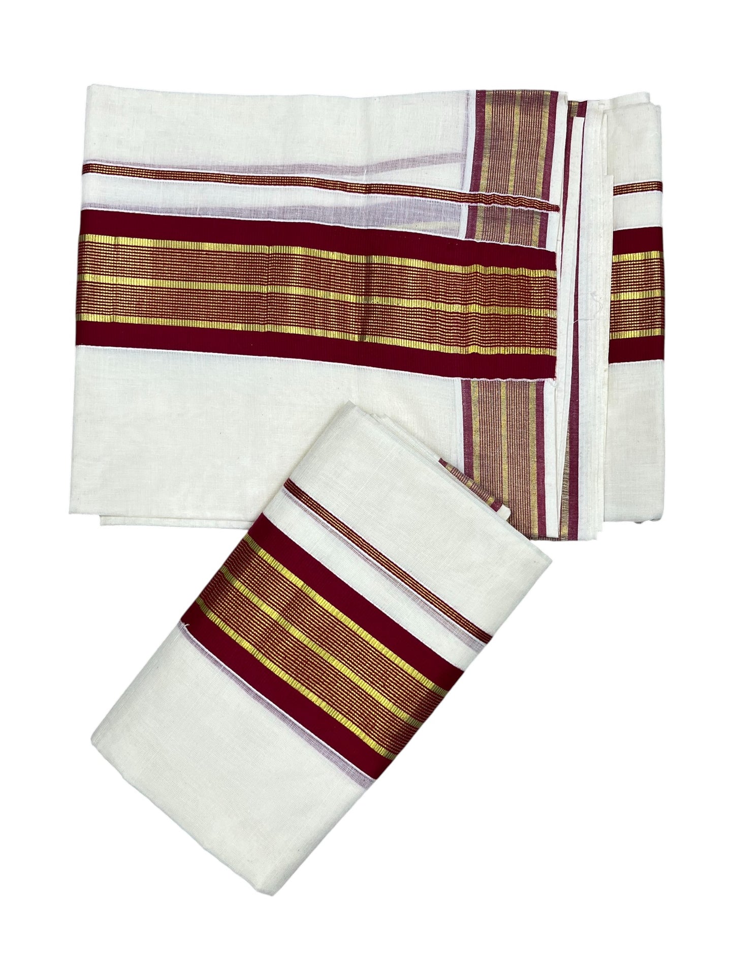 Kerala Cotton Kasavu Single Set Mundu (Mundum Neriyathum) with Maroon Kasavu Border in 2.80 Mtrs SLKK SL470