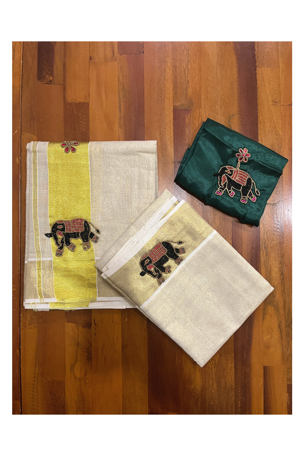 Kerala Tissue Kasavu Set Mundu (Mundum Neriyathum) with Elephant Bead Handwork Design and Dark Green Blouse Piece