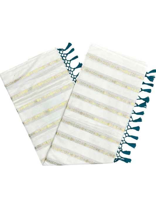 Southloom Cotton Kerala Kasavu Saree with Stripes on Body and Peacock Green Tussels