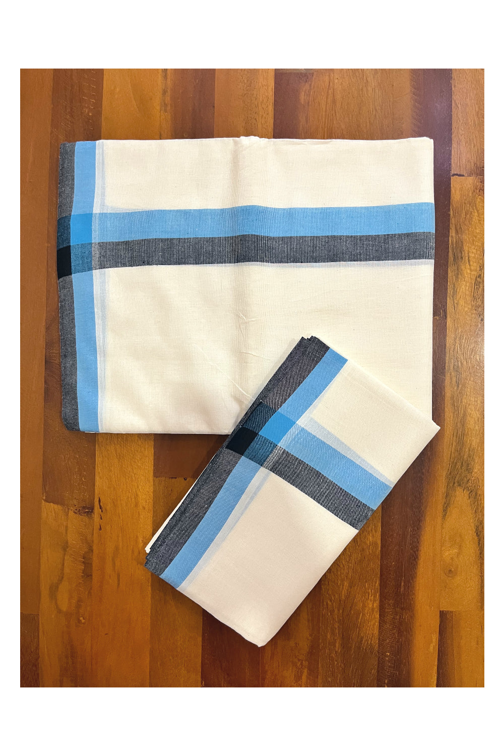 Kerala Cotton Mulloth Mundum Neriyathum Single (Set Mundu) with Blue Black Border (Extra Soft Cotton) 2.80 Mtrs