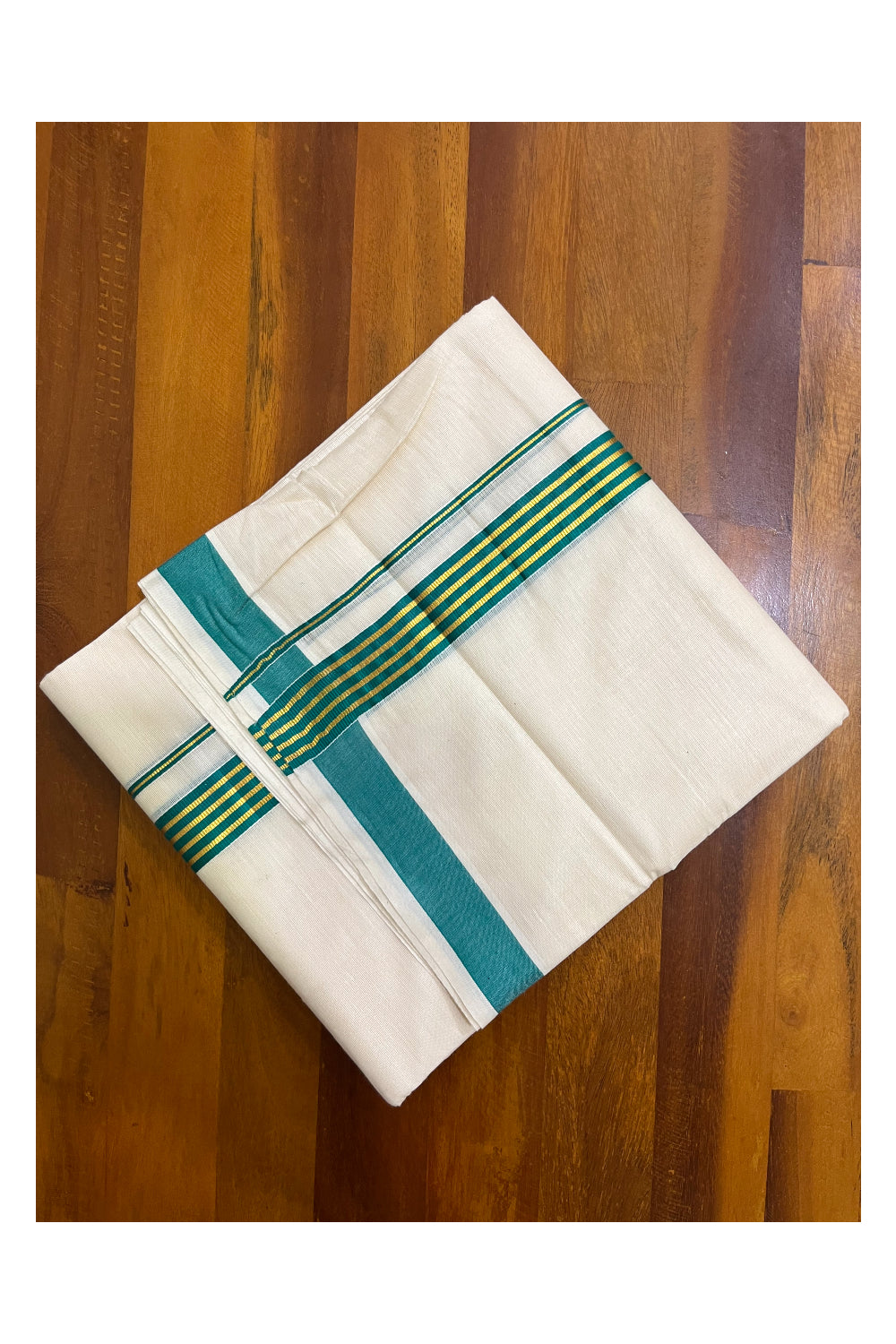 Kerala Pure Cotton Double Mundu with Green and Kasavu Lines Border (South Indian Kerala Dhoti)