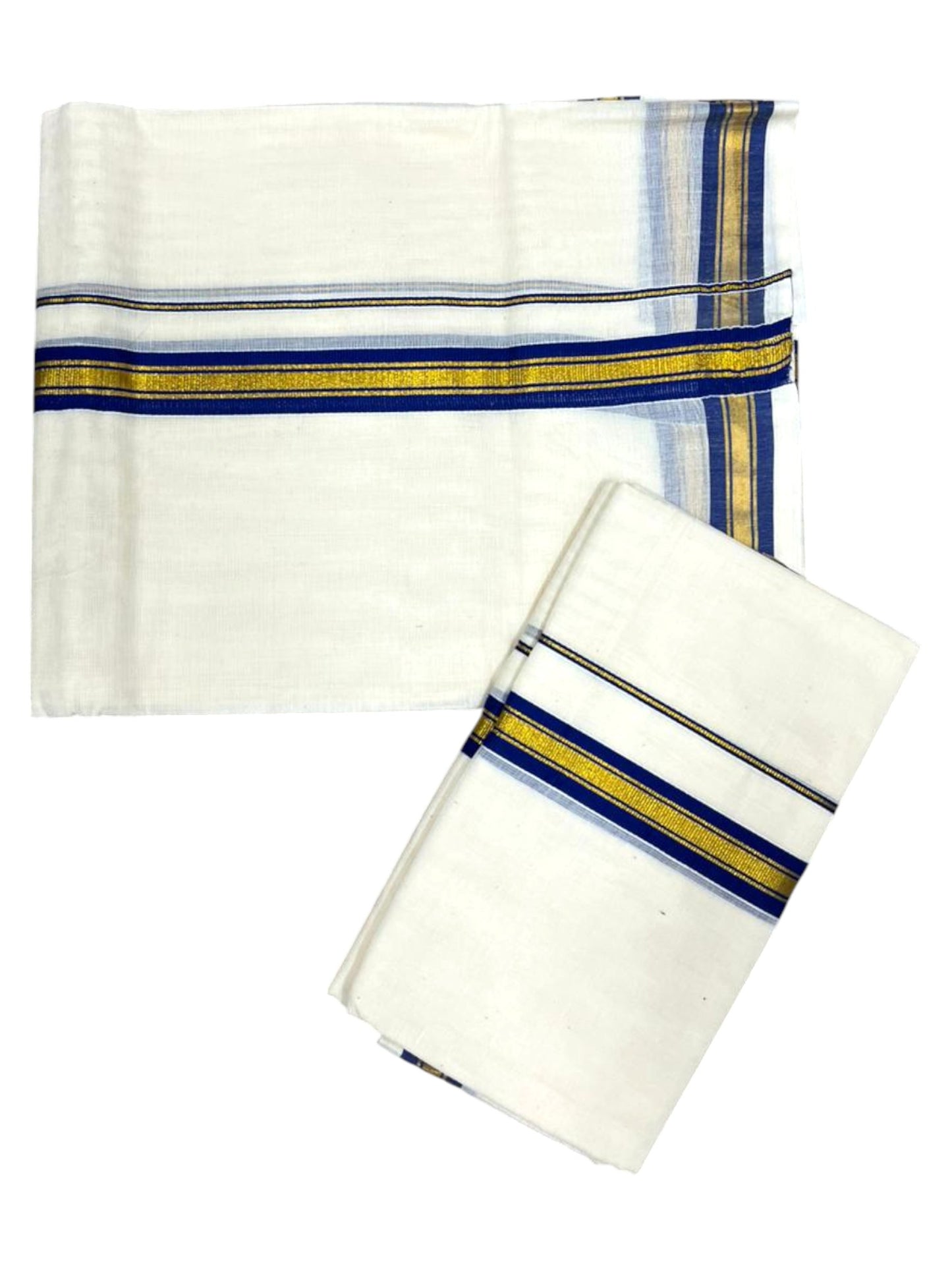 Pure Cotton Kerala Single Set Mundu (Mundum Neriyathum) with Blue Kasavu Border in 2.80 Mtrs