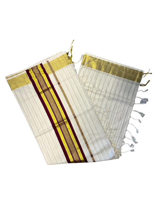 Southloom Kerala Cotton Kasavu Saree with Gold And Maroon Lines on Body