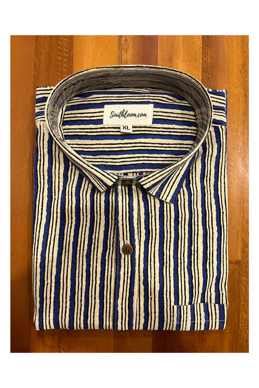 Southloom Jaipur Cotton Blue Striped Hand Block Printed Shirt (Full Sleeves)