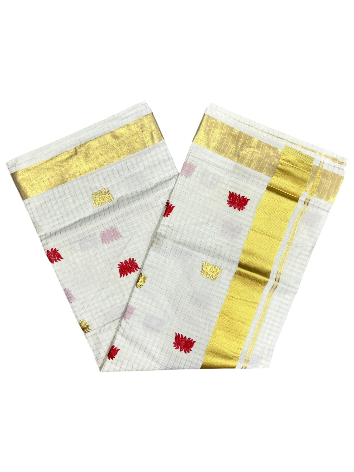 Southloom Cotton Kerala Kasavu Check Saree with Lotus Embroidery Design in Red