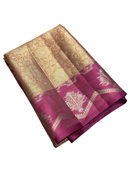 Southloom Semi Banarasi Katan Tissue Saree with Woven Work on Body and Borders (Golden & Magenta)