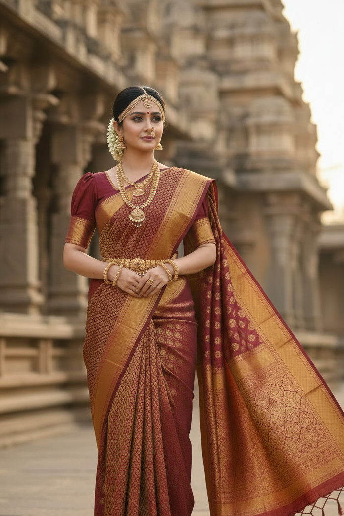 Southloom Premium Semi Silk Zari Work Brocade Saree in Bridal Red with Matching Pallu