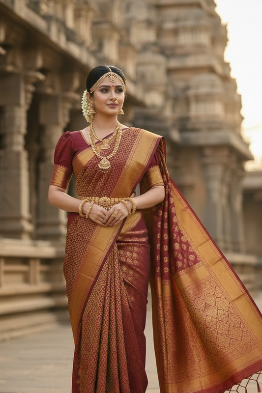Southloom Premium Semi Silk Zari Work Brocade Saree in Bridal Red with Matching Pallu
