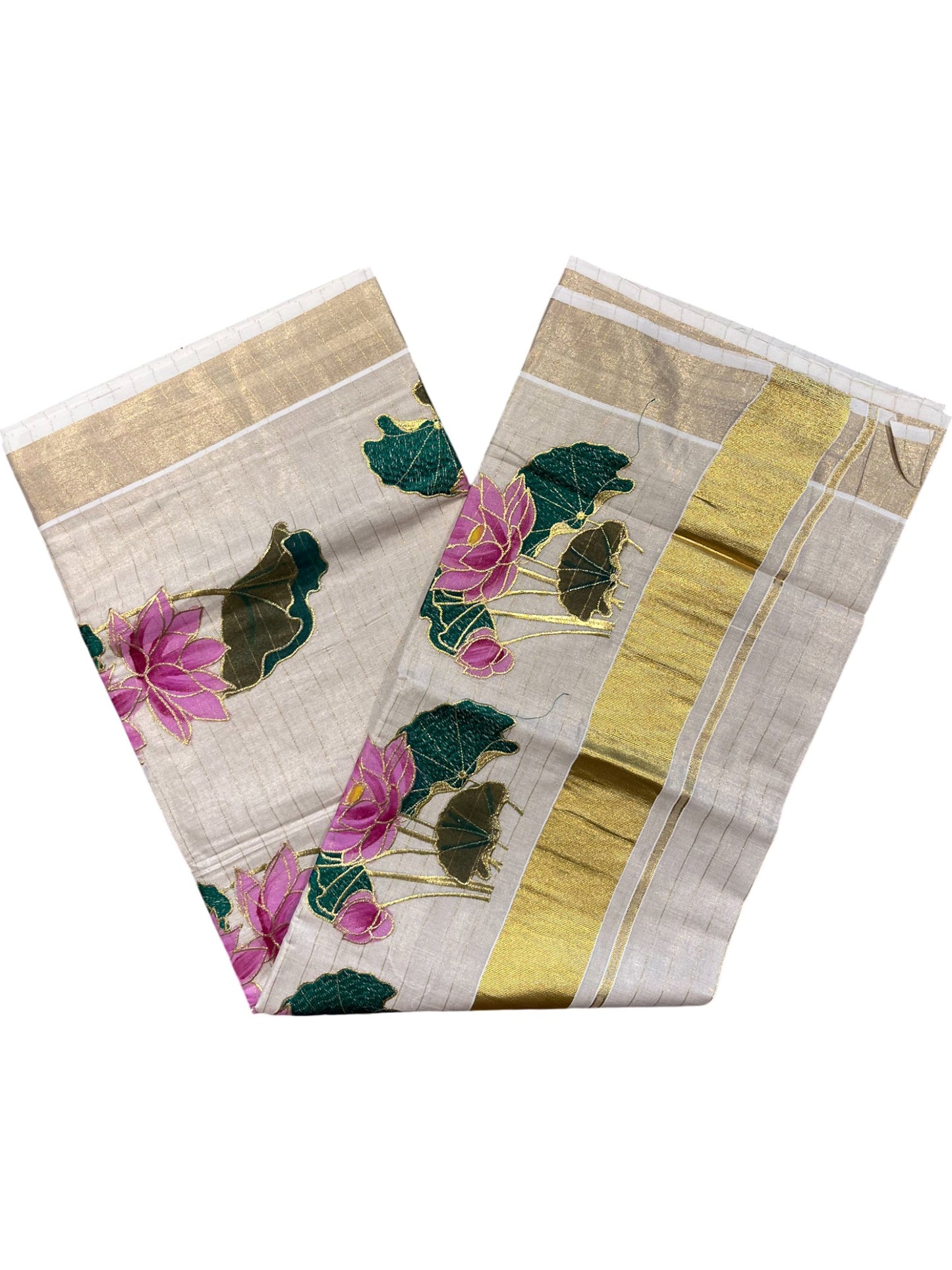 Southloom Tissue Kerala Kasavu Saree with Hand Painted Embroidery Lotus Design