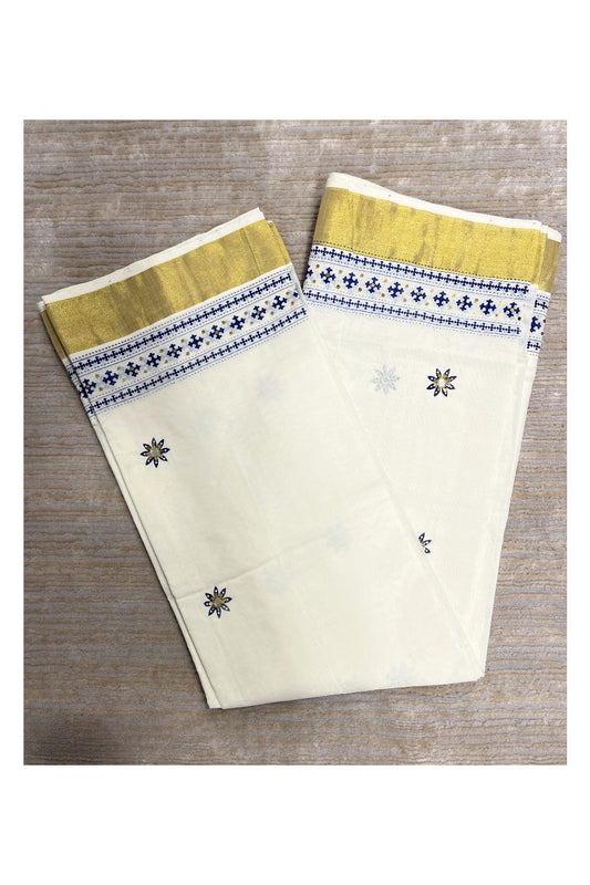 Southloom Blue Block Print Kasavu Saree with Sequins Work on Prints