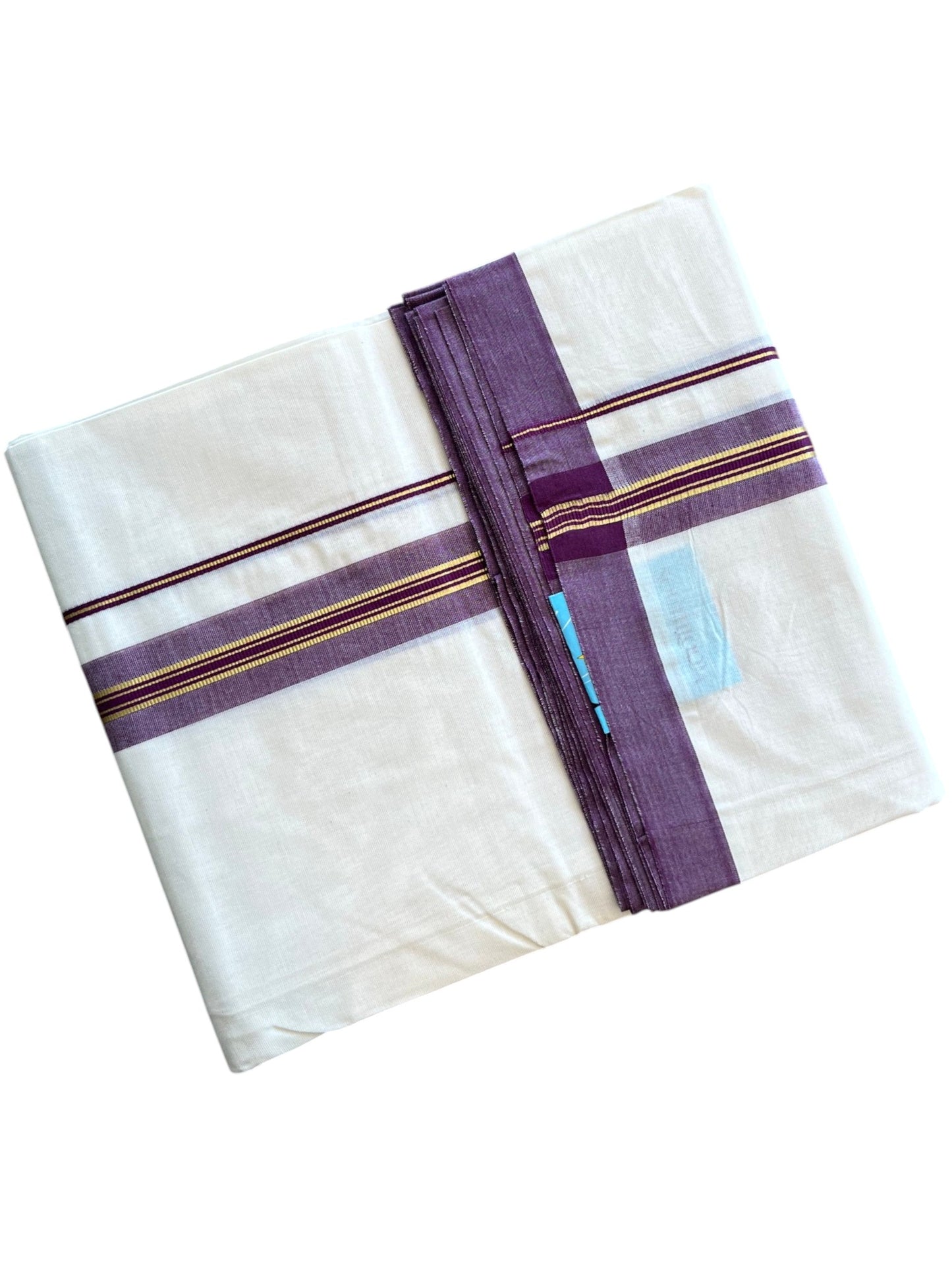 Southloom Pure Cotton Mundu with Golden Lines and Purple Border (South Indian Kerala Dhoti)