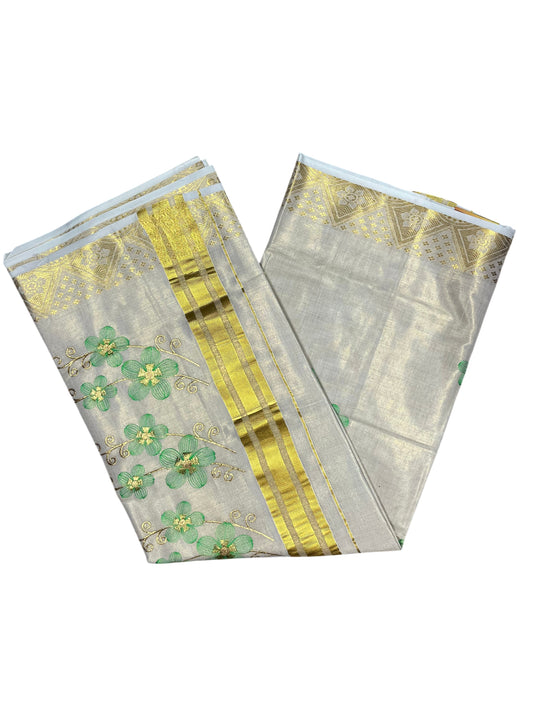 Southloom Kerala Tissue Kasavu Saree with Green Floral Embroidery Work on Body